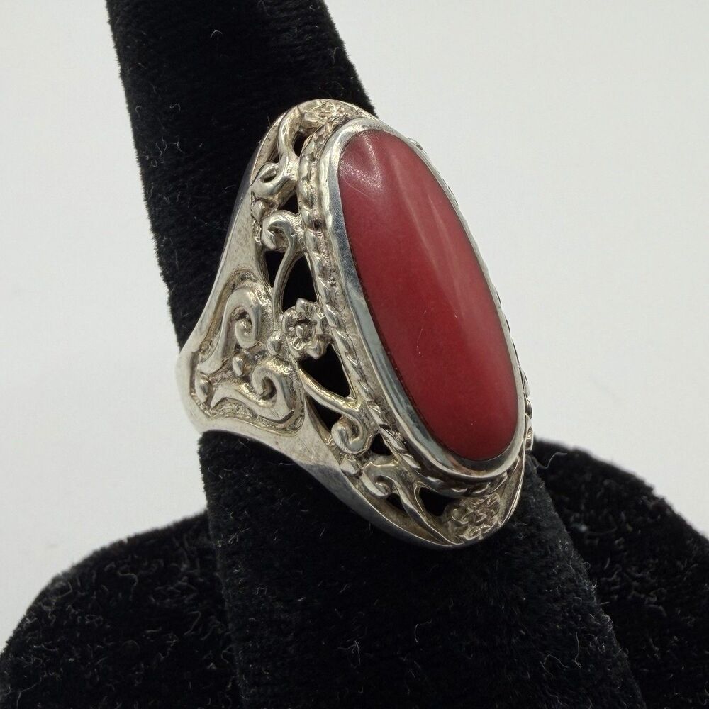 Vintage 925 Sterling Silver Red Coral Cabochon Filigree Ring Size 7 Statement
